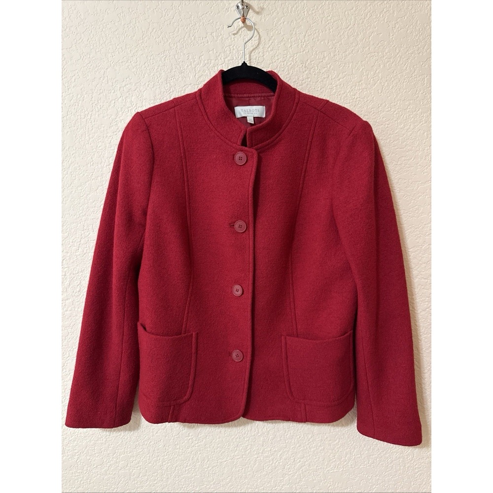 Talbots Jacket Womens 14P Red Wool Blend Button Up Pockets Mock Neck Office Work